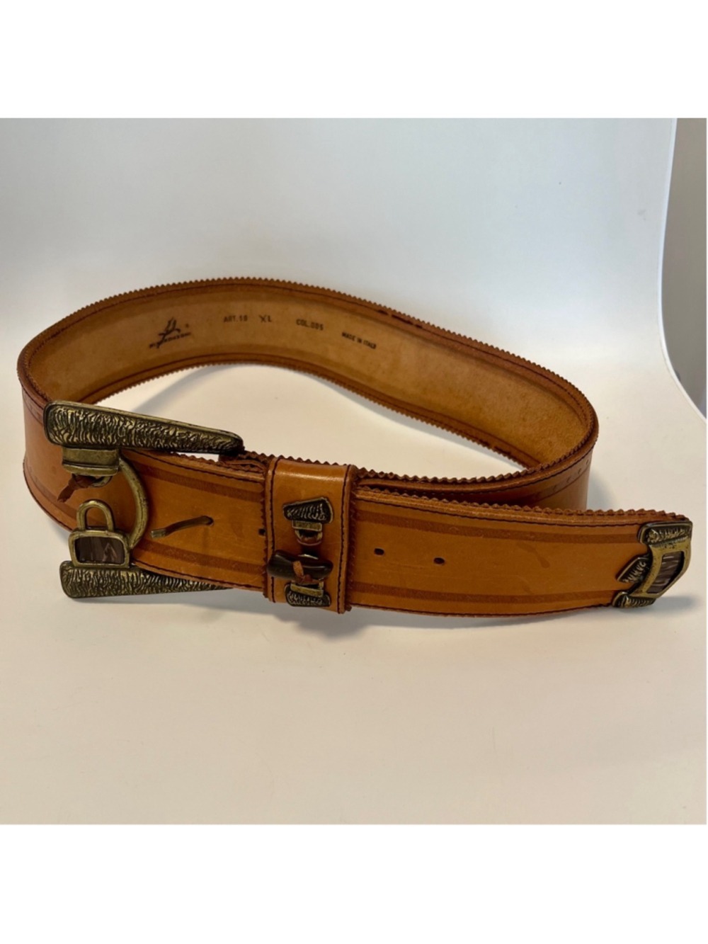 MINORONZONI Italian Vintage Leather Belt, Caramel Tan, Large Western Buckle, XL - Picture 7 of 13